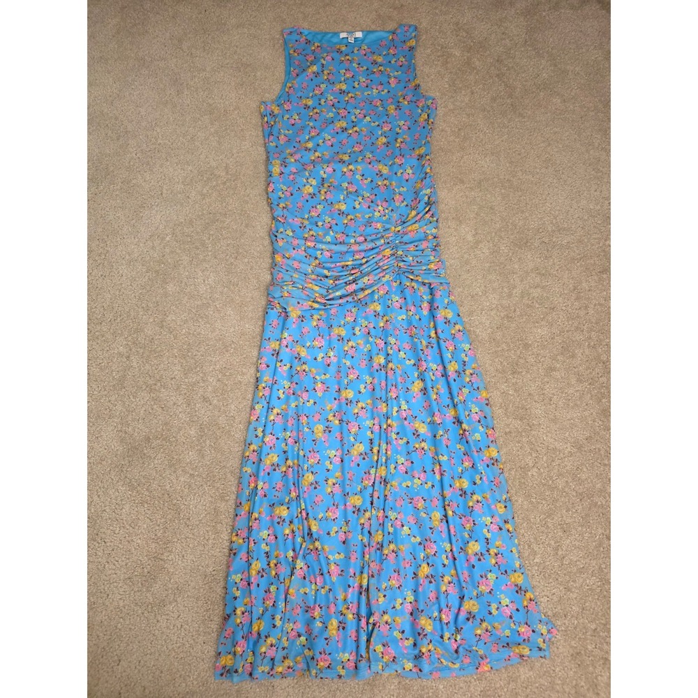 AFRM Los Angeles Blue Floral Mesh Ruched Waist Sleeveless Midi Dress Large NWT